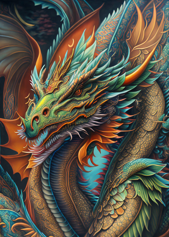 Colorful Dragon Illustration with Detailed Scales and Feathers