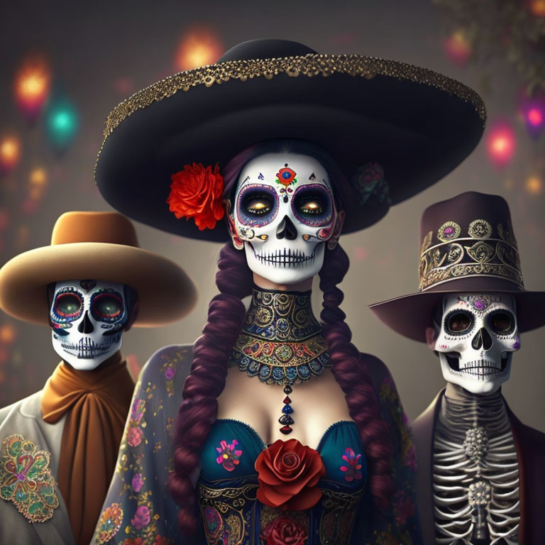 Day of the Dead skeleton figures in traditional attire on bokeh background