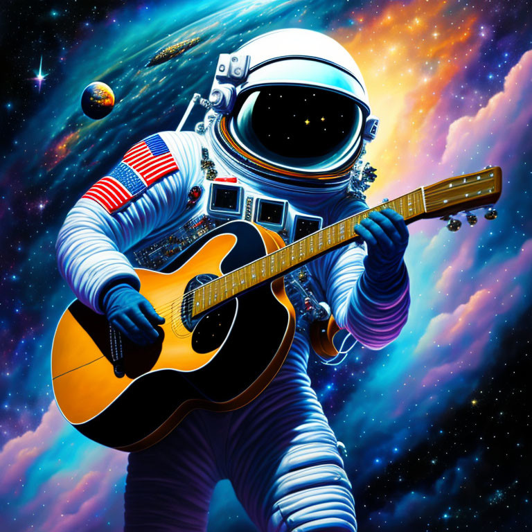 Astronaut playing guitar in outer space with colorful nebulas & planets