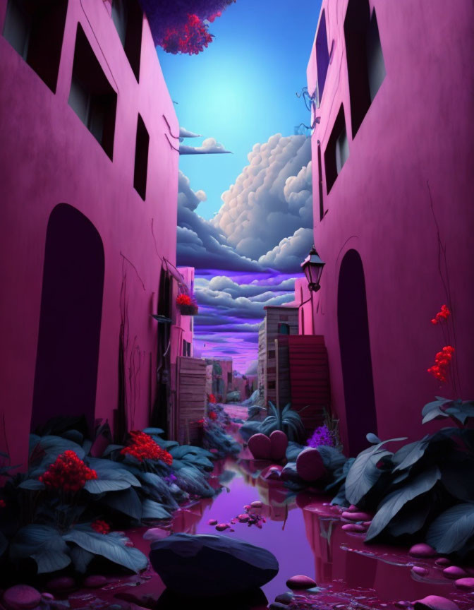 Surreal urban alley with purple walls, pink waterway, greenery, red flowers, vibrant