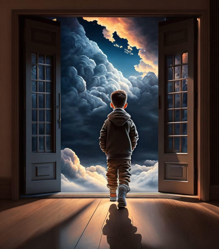 Boy standing at open doorway under dramatic sky with towering clouds.