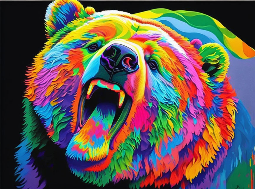 Colorful roaring bear illustration on dark background with green beret