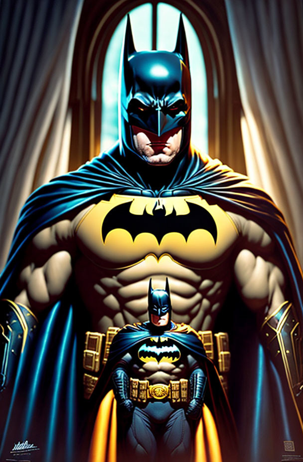 Batman illustration in black and yellow costume against gothic backdrop