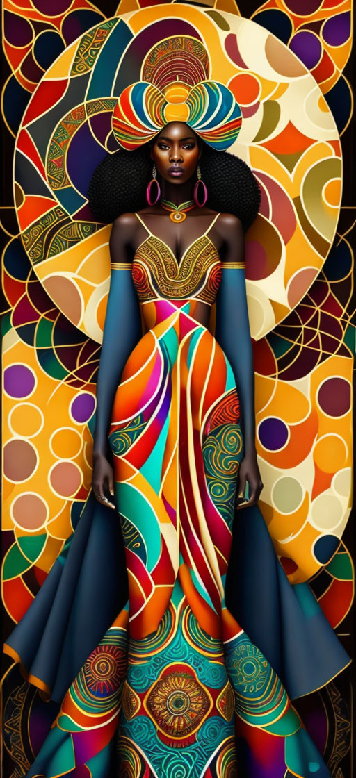 Illustrated woman in elegant pose with colorful dress, hoop earrings, and stylish head wrap on vibrant background