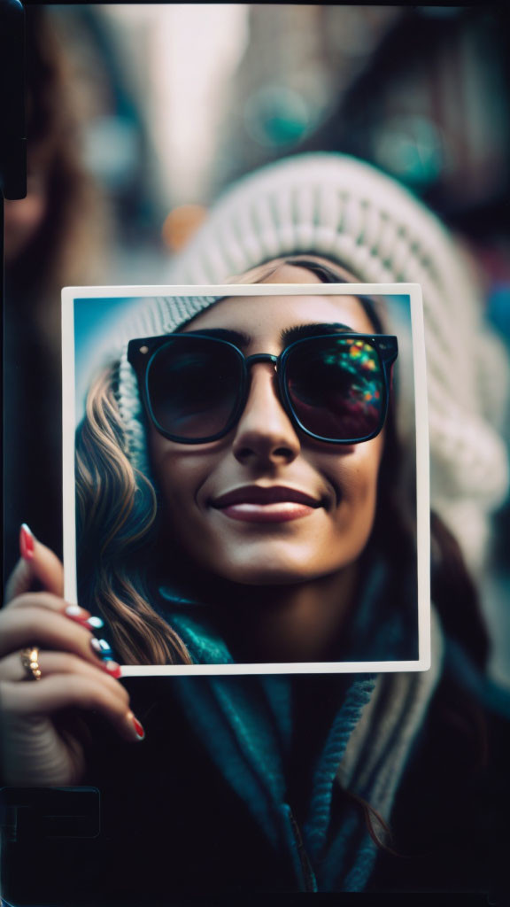 Smiling woman in sunglasses framed by Polaroid for unique photo effect