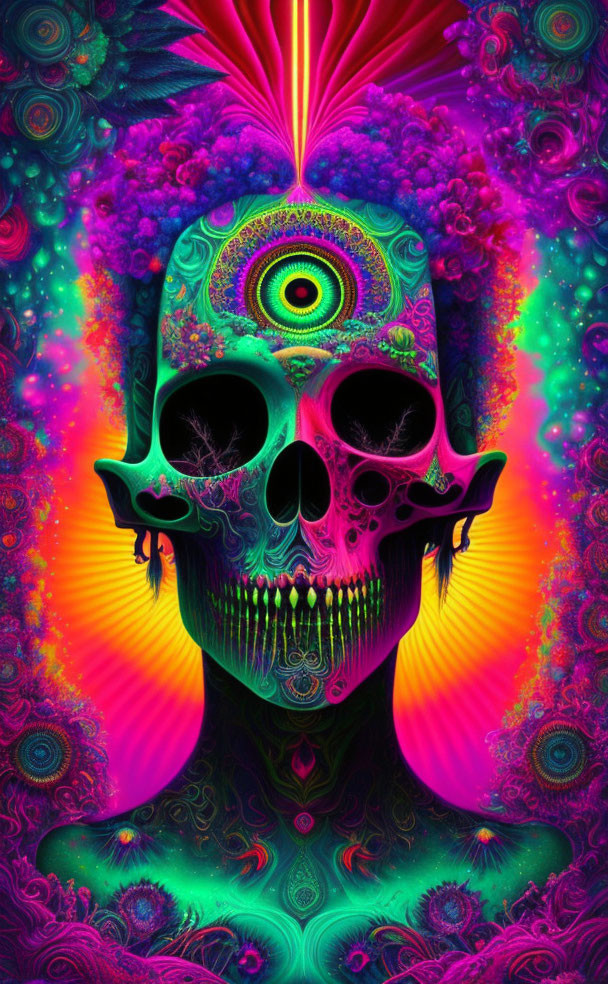 Colorful Psychedelic Skull Artwork with Fractal Designs and Neon Background