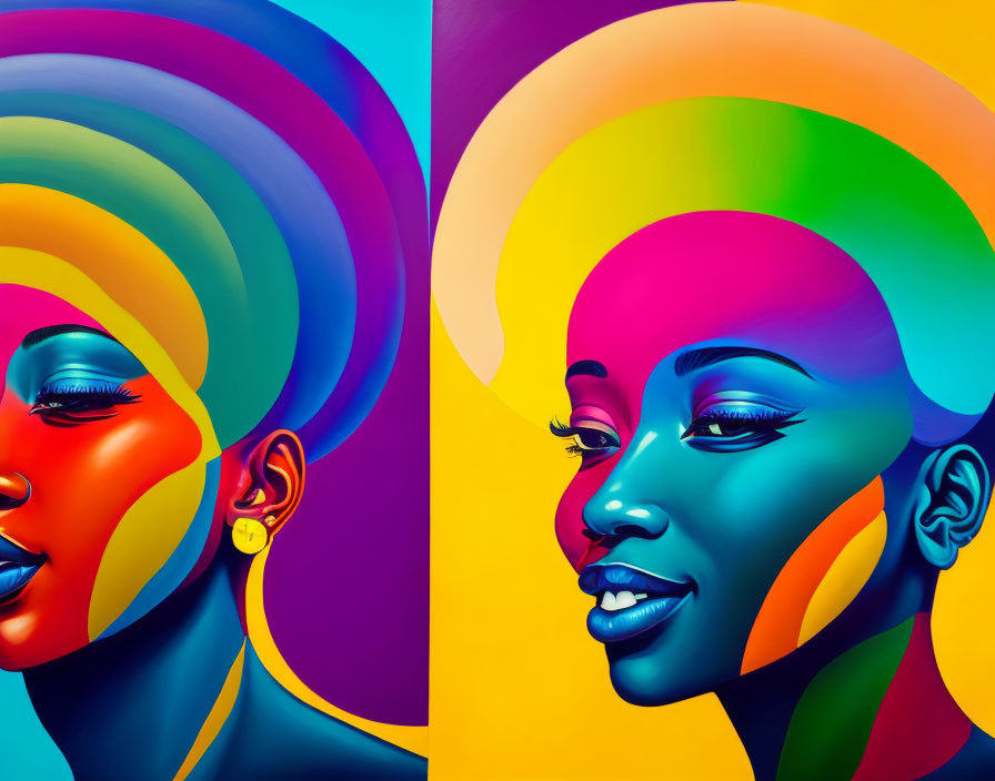 Colorful portraits of a woman with rainbow hair and bold makeup against vibrant backgrounds