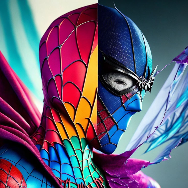 Split Spider-Man Face in Different Suits on Colorful Background