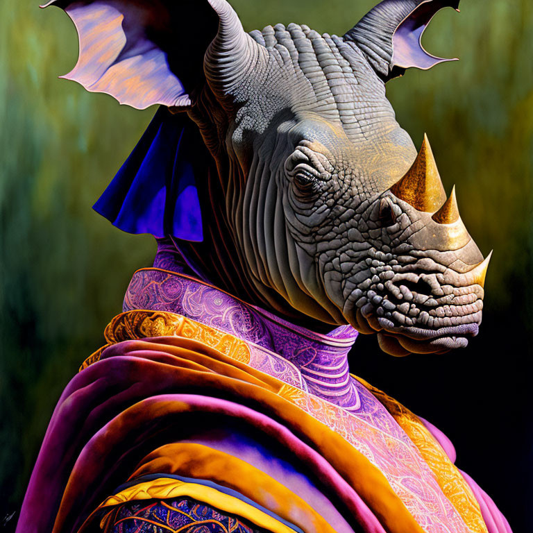 Surreal portrait: Rhinoceros with purple bat-like wings and vibrant drapery