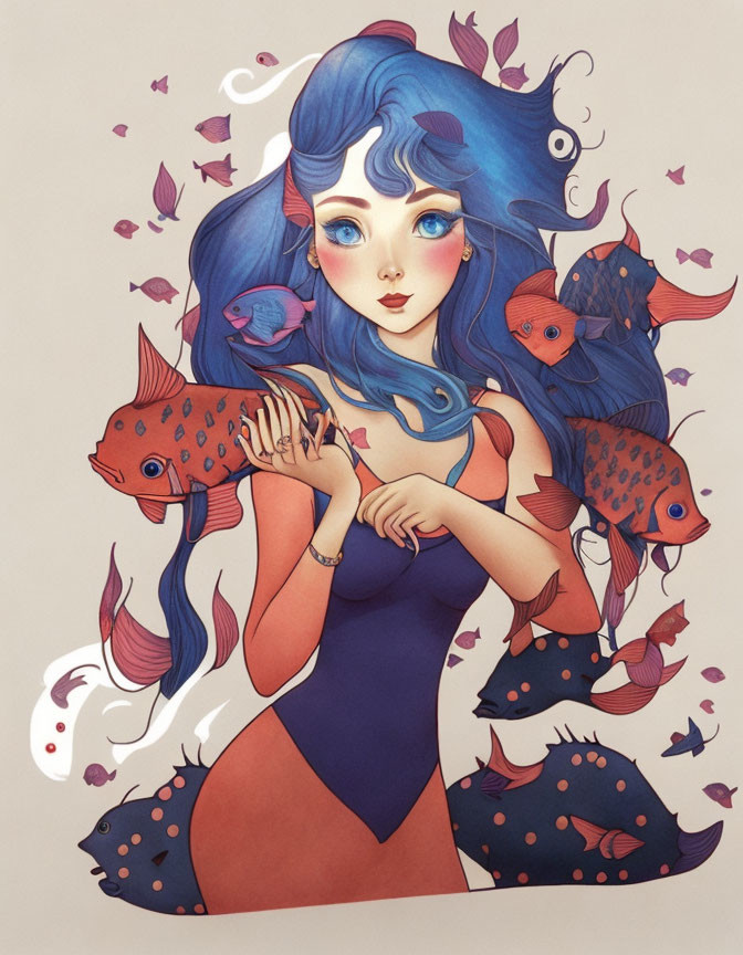 Blue-haired girl in dark dress surrounded by koi fish and swirling leaves in fantastical art style