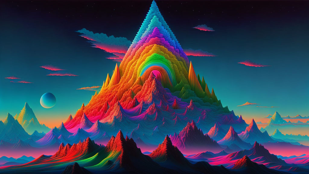 Colorful mountain peak with spiral pattern in surreal landscape under twilight sky.