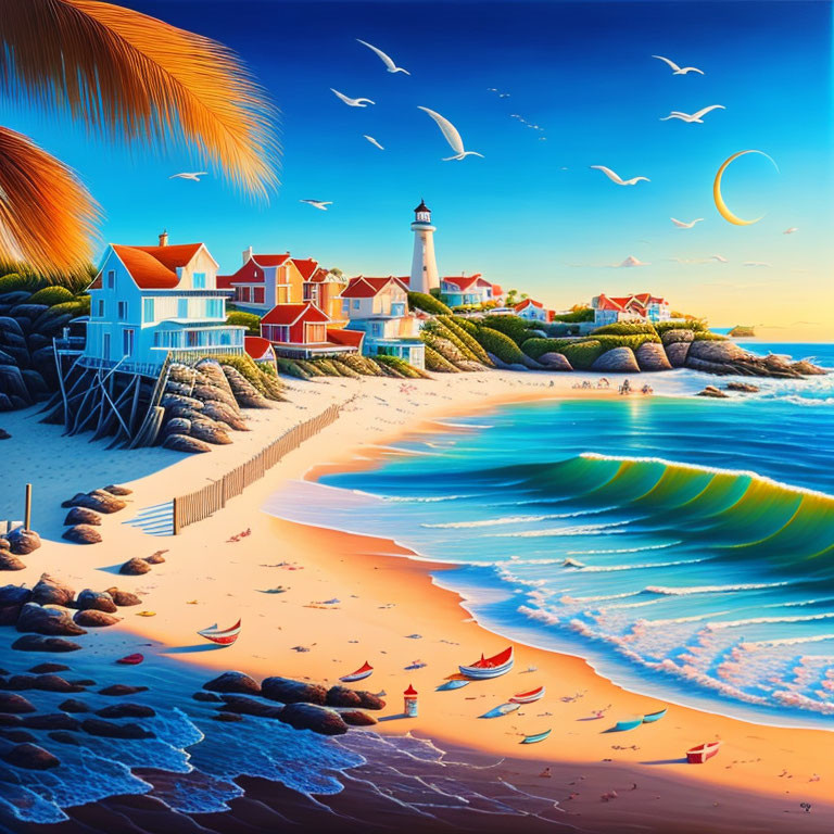 Coastal landscape with lighthouse, colorful houses, beach, boats, and vibrant sky