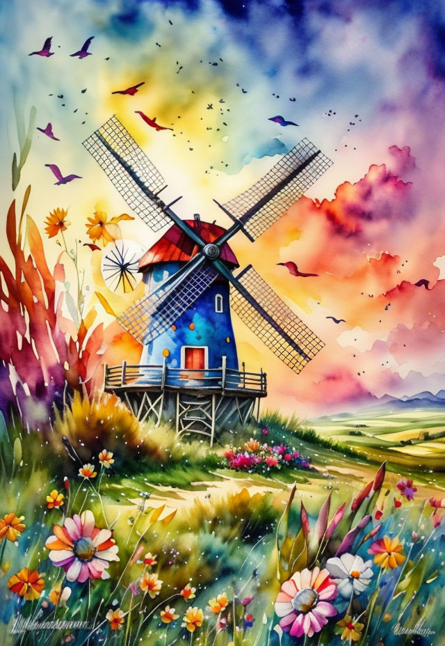 Colorful watercolor painting of a traditional windmill in a meadow at sunset