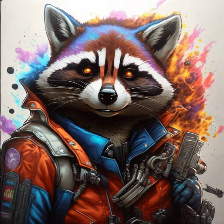 Raccoon Character in Blue Spacesuit with Blaster in Fiery Explosion Scene