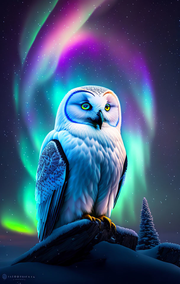 Snowy Owl on Wood with Aurora Borealis & Snowy Landscape