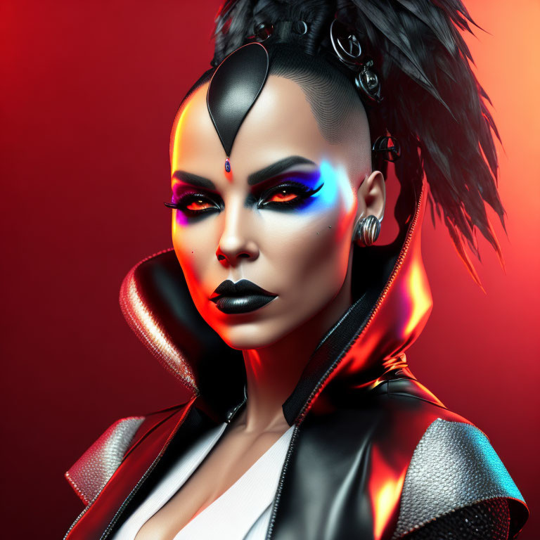 Futuristic cyberpunk woman with neon accents on red background