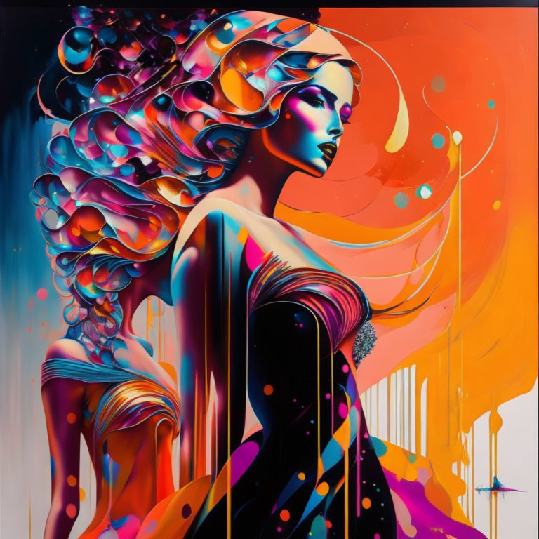 Colorful surreal portrait of a woman with flowing hair and dress in orange, purple, and yellow hues