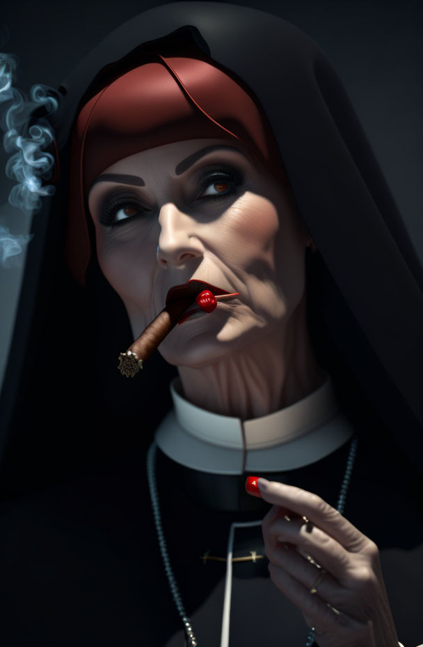 Stylized illustration of stern nun smoking cigar in dramatic lighting