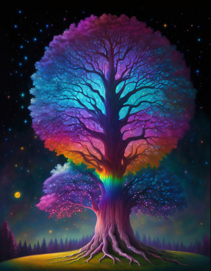 Colorful Tree Illustration with Rainbow Canopy in Starry Night Sky