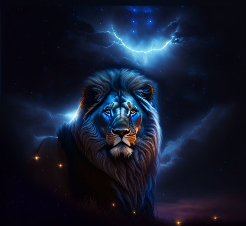 Glowing blue lion with light streaked mane in night sky