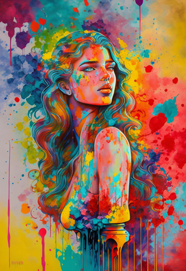 Colorful painting of woman with flowing hair and multicolored splashes