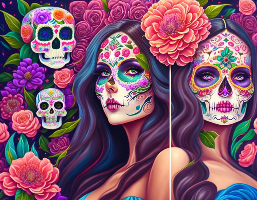 Vibrant makeup and floral patterns on split face illustration