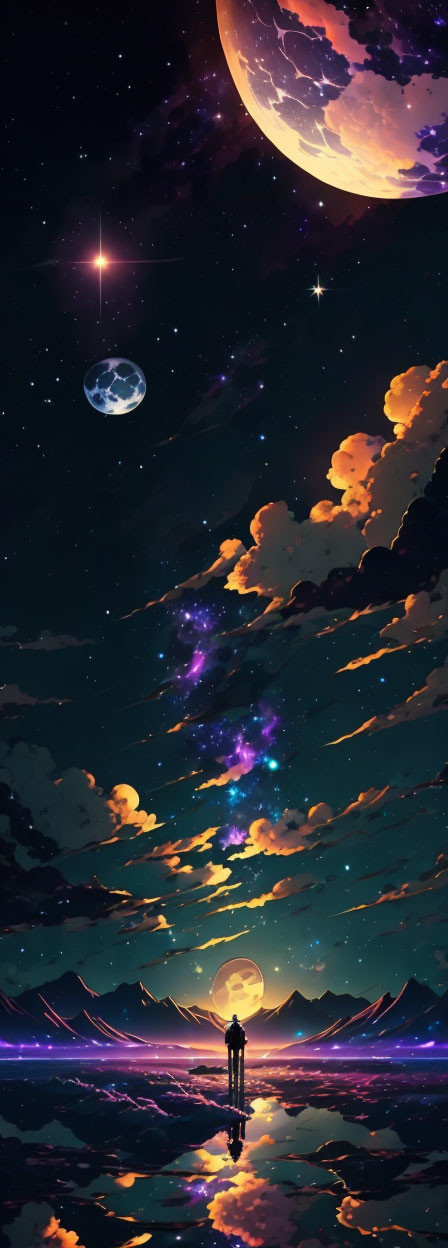 Surreal landscape with stars, moon, silhouette, and mountains