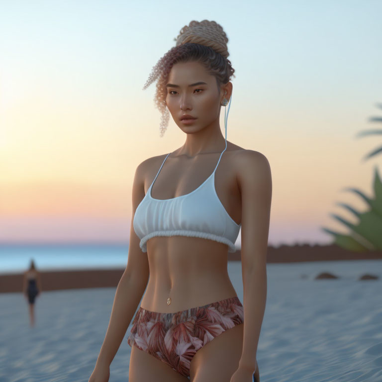 3D-rendered female figure in white top and shorts on beach at sunset