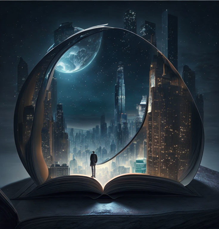 Person standing before circular portal book showing surreal cityscape at night