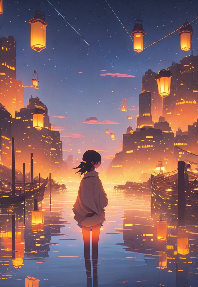 Person standing in reflective water amid serene cityscape at dusk with floating lanterns and starry sky.