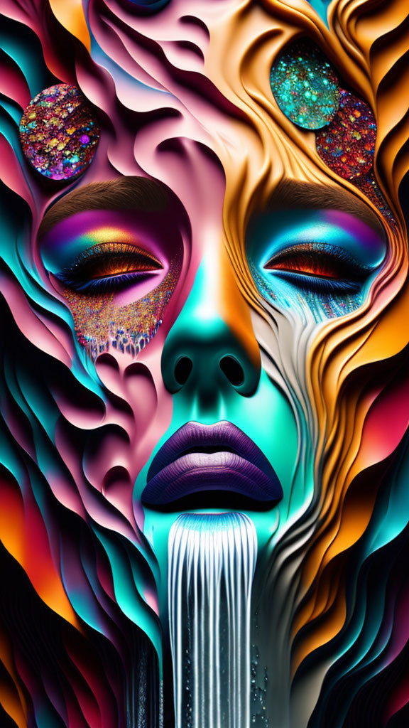 Colorful digital artwork: face with flowing textures and glittering eyes on dark background