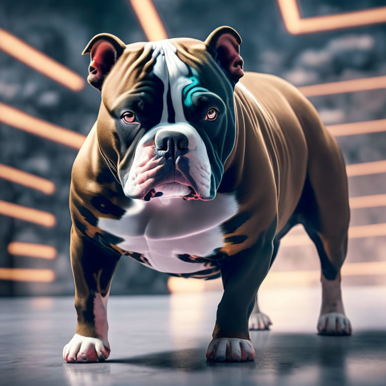 Stylized muscular bulldog in room with neon geometric patterns