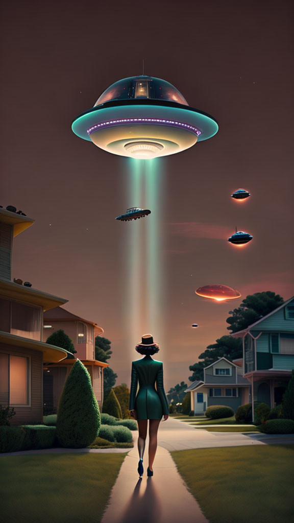 Person in hat gazes at large UFO with smaller ones beaming light onto suburban street at dusk