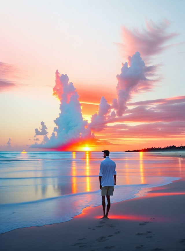 Serene beach at sunset with pink and blue sky reflected on wet sand