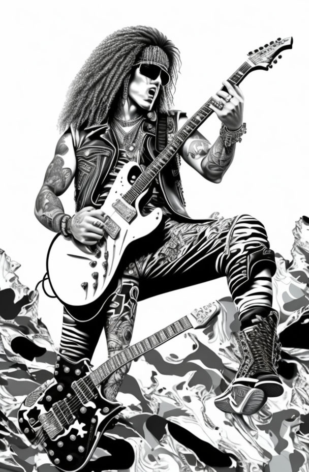 Monochrome illustration of rocker with voluminous hair, sunglasses, tattoos, playing electric guitar seated in leather