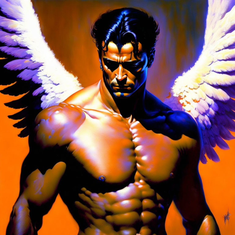 Muscular winged superhero with dark hair on orange backdrop