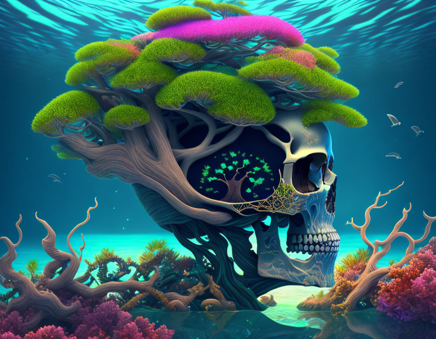 Vibrant underwater scene with tree-shaped skull and colorful coral fish