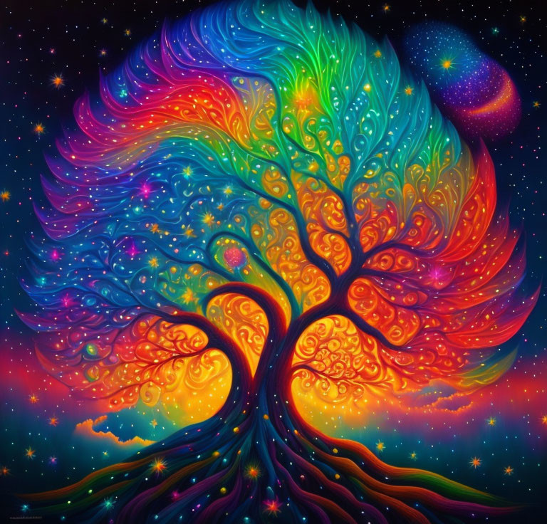 Whimsical tree painting under starry sky with vibrant colors