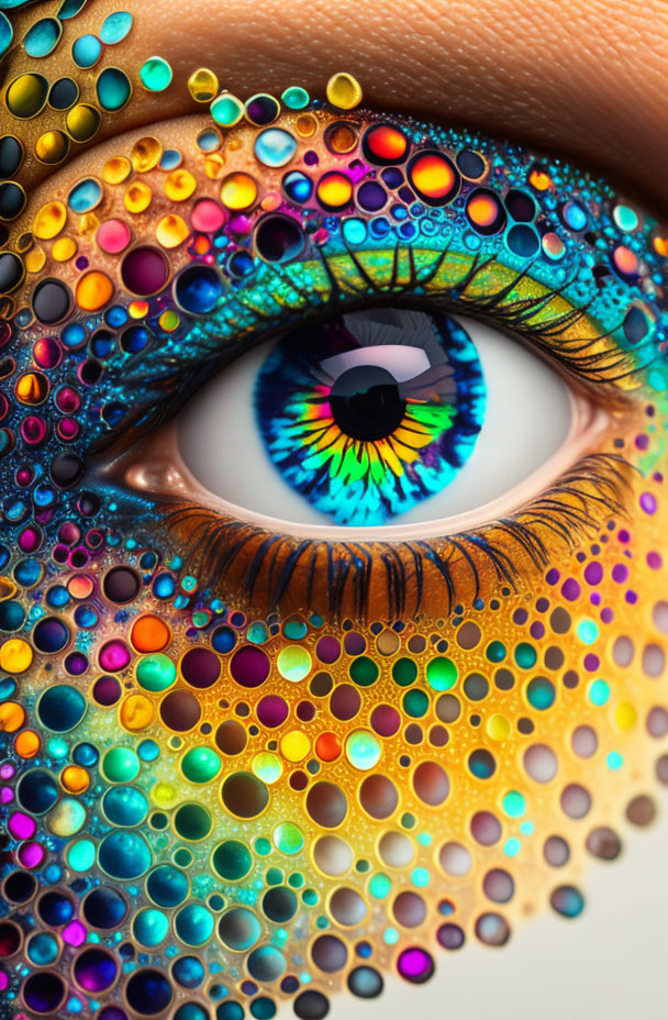 Colorful eye with multicolored water droplets for vibrant look