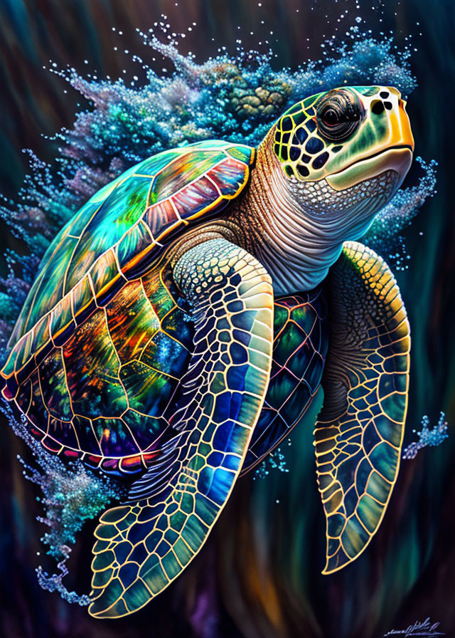 Colorful Sea Turtle Illustration on Dark Background