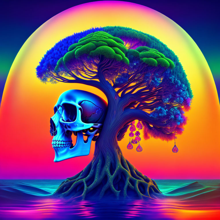 Colorful digital artwork: tree, skull, psychedelic background, warm hues, water foreground