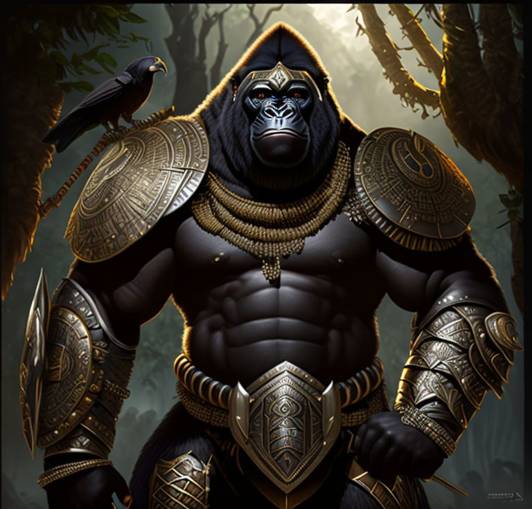 Armored gorilla with raven in jungle setting