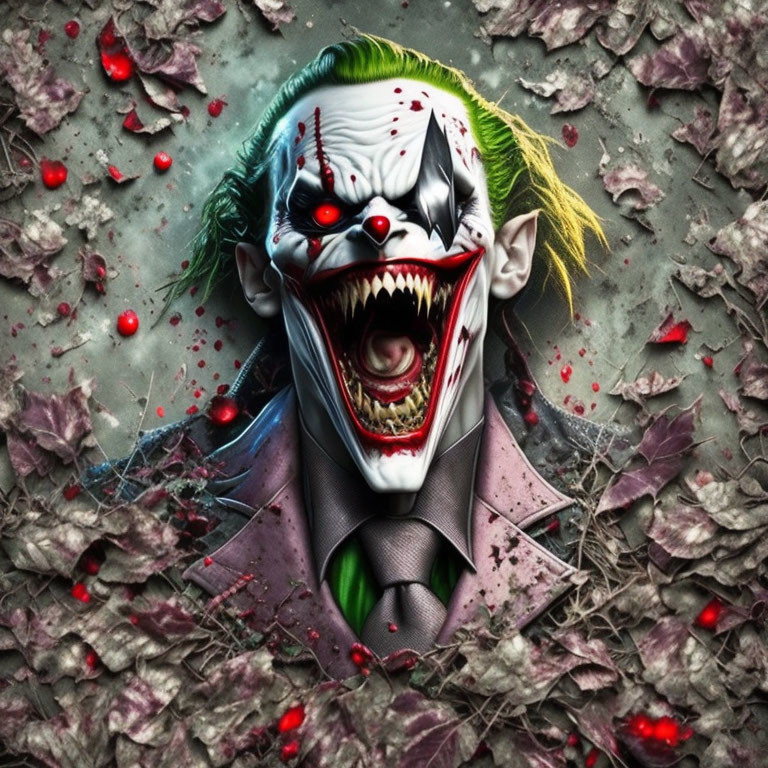 Sinister Joker-like figure with sharp teeth and green hair surrounded by grey leaves