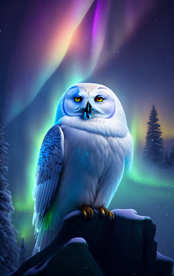 Snowy owl on rock under vibrant aurora borealis