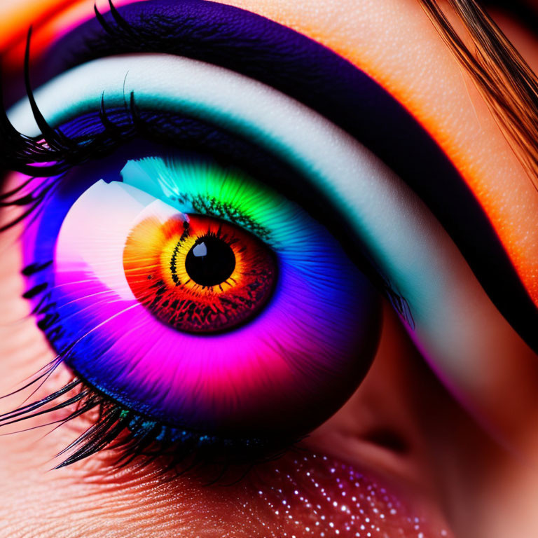 Rainbow-colored iris with dramatic makeup and long eyelashes