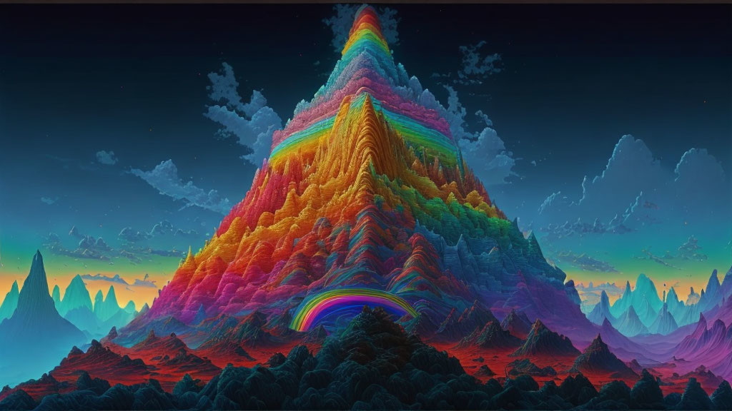 Multicolored digital artwork: Mountain with rainbow hues & surreal landscape at dusk