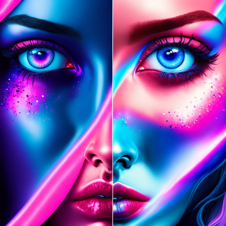 Digital artwork featuring vibrant close-up views of woman's face with bright blue eyes in neon pink and blue