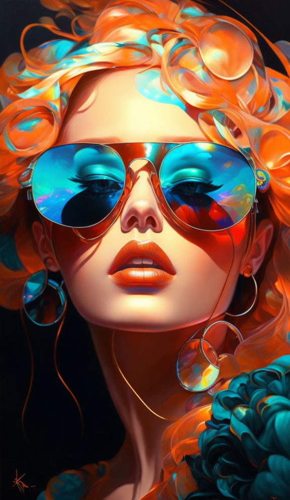 Vibrant orange hair woman in blue sunglasses and hoop earrings