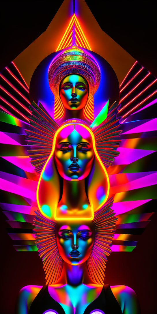 Neon-lit stylized faces with Egyptian headdresses on dark background