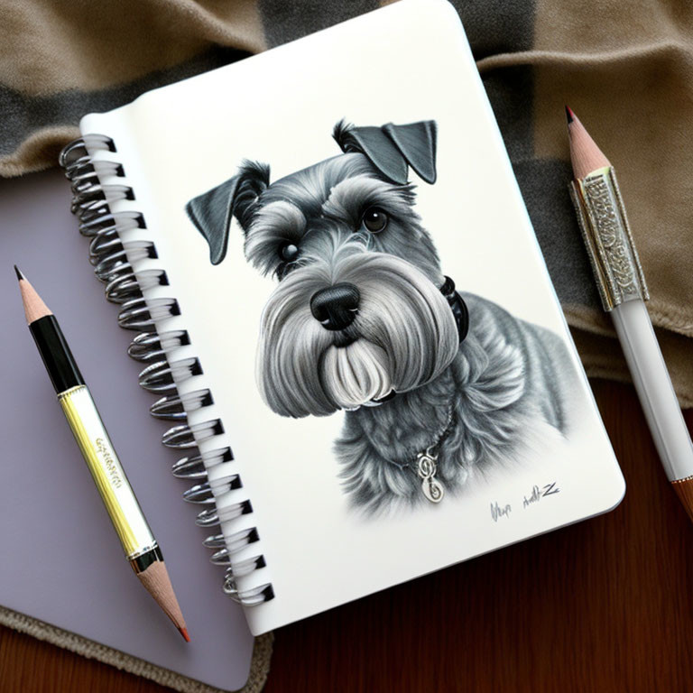 Realistic Schnauzer Dog Pencil Sketch on Spiral Notebook with Pen and Pencil